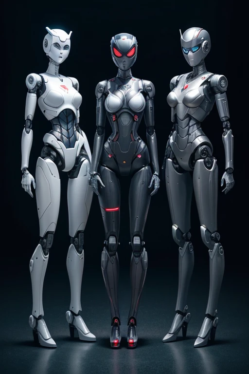 Three female robots
　perfect face
　The face is a human woman
　They are looking at each other&#39;s bodies
　The female robot in the middle is shy.
　whole body mechanics
　Everything except the face is machine
　Internal skeleton fully visible
　The height difference between the female robot in the middle is a little shorter.
　The female robot on the left has mermaid-like legs and tires.
　The female robot in the middle has spider-like legs with tires on each leg.
　The female robot on the right has three tripod-like legs and tires on all legs.
　maintenance shop