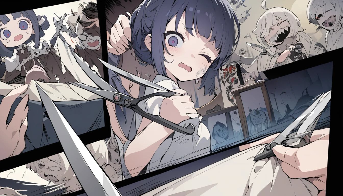 (masterpiece), (High resolution), (super delicate), (masterpiece: 1.2, highest quality), ((hairdresser woman)), Very large scissors、(Japanese sewing scissors)scribble, nightmare, doll-like face, cartoon style, rough sketch, Comic style illustration, (Horror elements), Japanese painting, That's horrible, (Creepy), Japanese carving,old picture scroll style, old staging, Ancient mural style, crazy illustration, dark atmosphere, flat illustration, Creepyな外観, distinctive hairstyle, creative accessories, unique atmosphere、eyes closed、((has very large scissors)), scissors, the god of small scissors!!, scissors in hand, scissor person, sharp!, sharpened, cut out, cut, sharply shaped, ((sharp focus)), cut-scene, too sharp, sharp ), knife, half cut, cuts, sharp and detailed