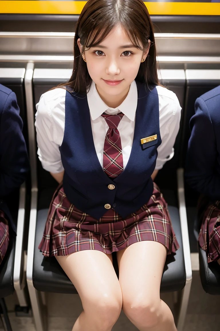 (8K), (highest quality: 1.2), (realistic), (realistic: 1.37), ultra high resolution, 1 girl, cute, smile, closed mouth, beautiful details, beautiful nose, wet hair, giant dulcefo, pork, thighs，Self snap,University Student Uniform,Sitting on a Tokyo train,simple blazer,pleated skirt,(The pattern of the skirt and tie is a tartan check pattern..:1.3),cross your legs, From above,thighs