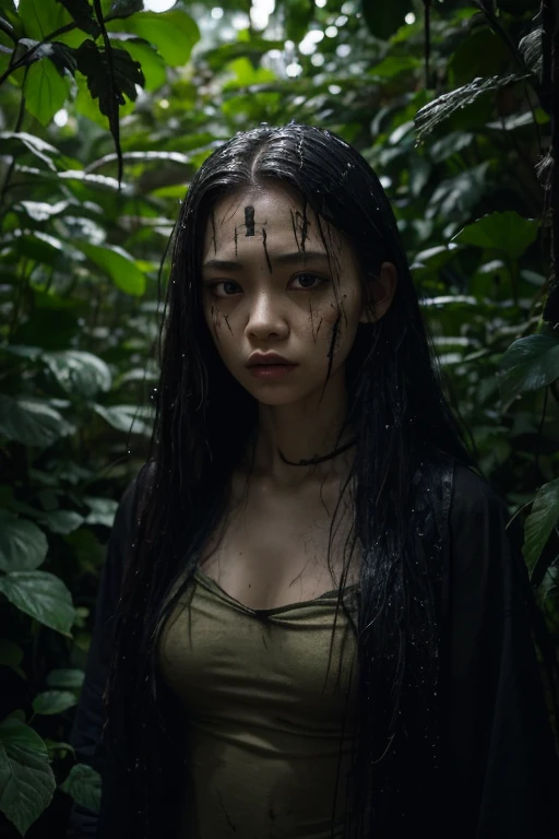 height,Take a full wide-angle shot,dark light,swampy forest,beautiful female victim,fierce natives,Awesome atmosphere.,ominous shadow,ethnic jewelry,Helpless victims,bright colors,Creepy scene,greenery greenery,Detailed facial features,Fierce eyes,Long, flowing hair,painted face,The fear in her eyes,tribal mark,Close to change,suspense,abandoned doll,Awesome numbers.,Awesome expression.,lonely,mesmerizing beauty,Wet and muddy environment,distant nature sounds,Surreal atmosphere,An unforgiving wilderness,tension in the air,growing vines,invisible danger,การต่อสู้อันlonely,Stuck in a nightmare,withered tree,A piercing scream,Escape potential,Desperation in her movements,Proportion like a toy,Premonition of fate,An ominous ritual