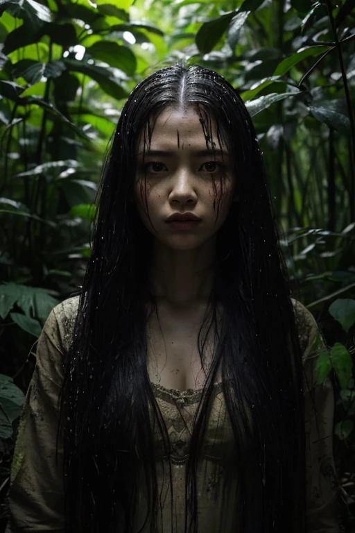 height,Take a full wide-angle shot,dark light,swampy forest,beautiful female victim,fierce natives,Awesome atmosphere.,ominous shadow,ethnic jewelry,Helpless victims,bright colors,Creepy scene,greenery greenery,Detailed facial features,Fierce eyes,Long, flowing hair,painted face,The fear in her eyes,tribal mark,Close to change,suspense,abandoned doll,Awesome numbers.,Awesome expression.,lonely,mesmerizing beauty,Wet and muddy environment,distant nature sounds,Surreal atmosphere,An unforgiving wilderness,tension in the air,growing vines,invisible danger,การต่อสู้อันlonely,Stuck in a nightmare,withered tree,A piercing scream,Escape potential,Desperation in her movements,Proportion like a toy,Premonition of fate,An ominous ritual
