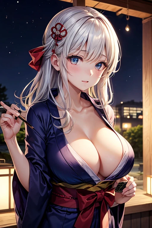 one woman, highest quality, masterpiece, big breasts, beautiful breasts, Super beautiful woman, beautiful eyes, Upper body, 2D, standing position, cleavage, No bra, Front opening, yukata, shrine, night, It&#39;s so open, yukataが乱れている, Upper body裸, 