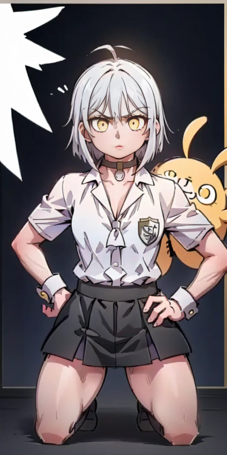 ((black background)) Ciel Lionheart kneel on WHITE sheet, short bob hair WHITE hair, YELLOW EYES, _uniform,yellow hat,red school bag, leather choker collar slave , (hands on hips, clenching fist 👊 ✊️)