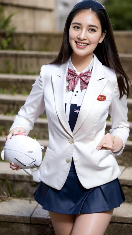 (Girl Standing On School Steps),charming eyes,heartwarming action,turn away from the camera,raise your head,thick long black hair,highly detailed body,highly detailed face,highest quality、(P私NK Underwear),(high school girl),((white blazer、chest emblem))、(white blouse),((red bow tie)),((navy check flare skirt)),(black stockings)、(smile)