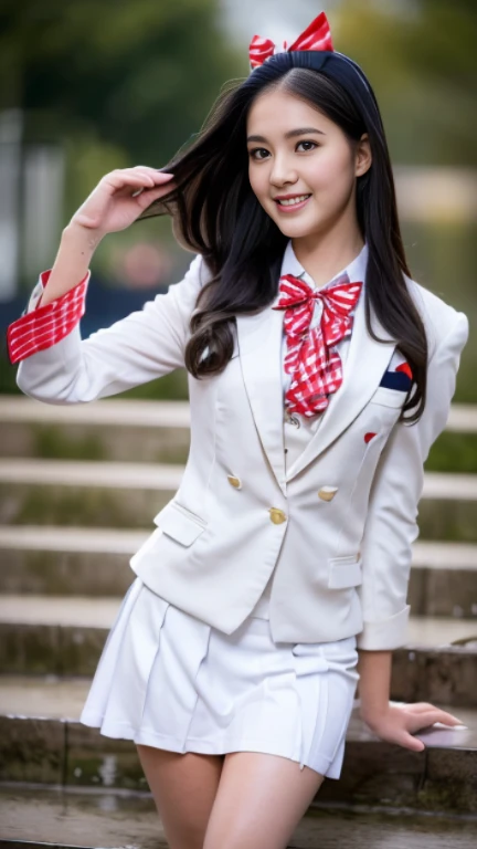 (Girl Standing On School Steps),charming eyes,heartwarming action,turn away from the camera,raise your head,thick long black hair,highly detailed body,highly detailed face,highest quality、(P私NK Underwear),(high school girl),((white blazer、chest emblem))、(white blouse),((red bow tie)),((navy check flare skirt)),(black stockings)、(smile)