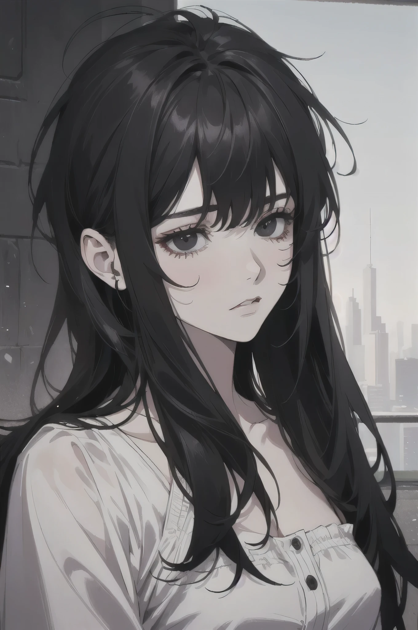 midjourney, ((best quality)), ((masterpiece)), (detailed), perfect face, 1female, beautiful male, young, 18 years. old, ((black hair, messy long hair)), ((black eyes)), depth of field, pale white skin, white dress, dark circles under eyes, tired expression, vivid colors.