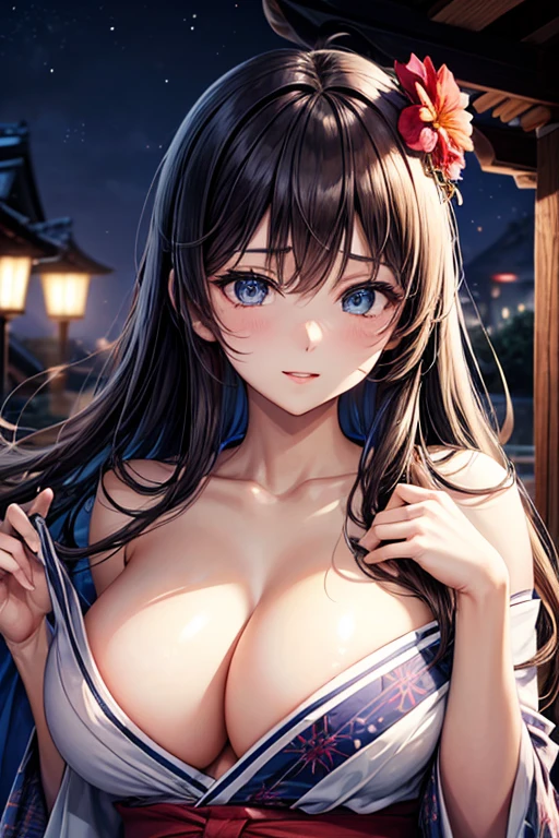 one woman, highest quality, masterpiece, big breasts, beautiful breasts, Super beautiful woman, beautiful eyes, Upper body, 2D, standing position, cleavage, No bra, Front opening, yukata, shrine, night, It&#39;s so open, yukataが乱れている, Upper body裸, 