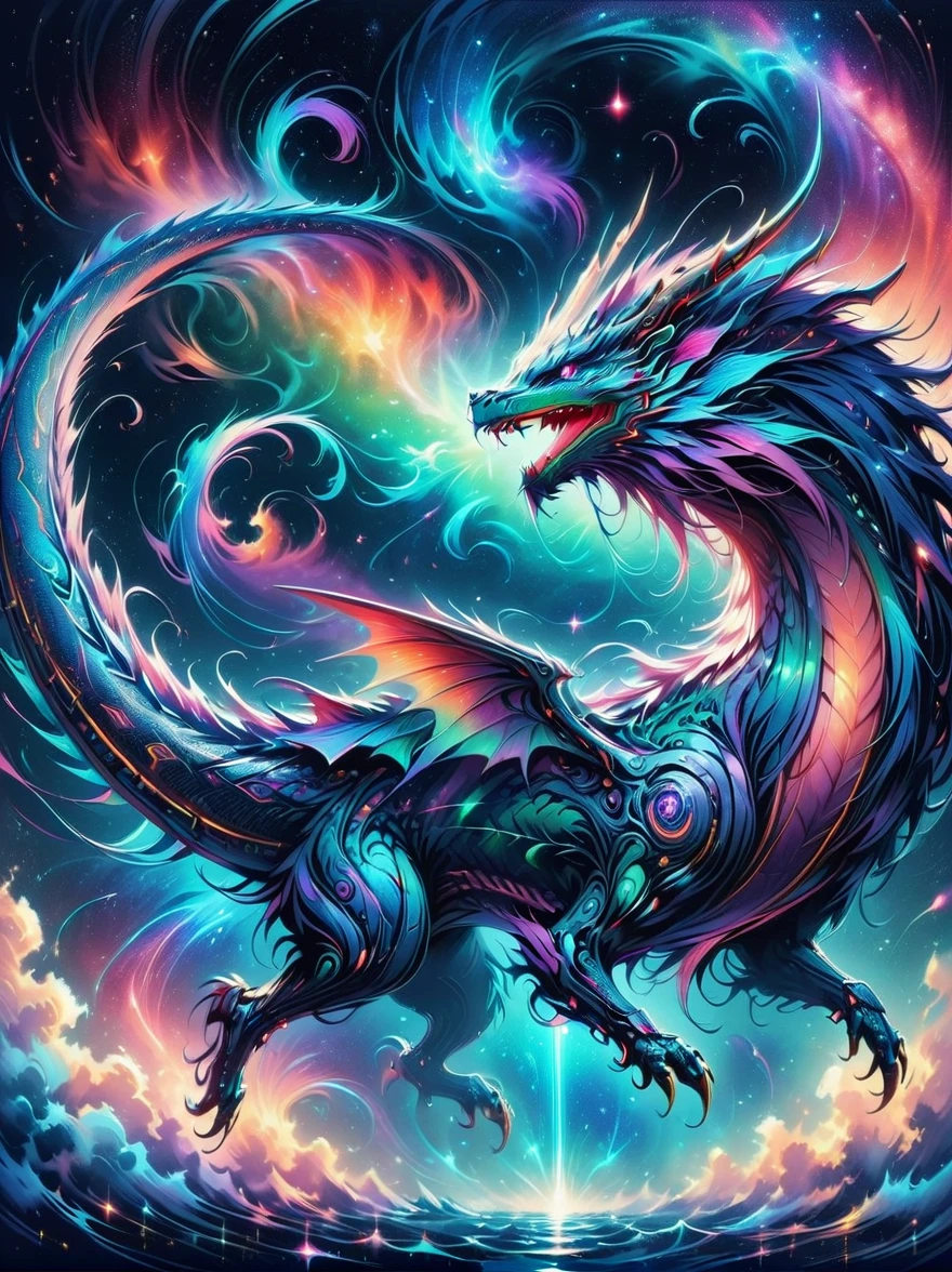 A dragon mixed with a nebula, hunting in a vibrant cosmic nebula with bright colors and swirling gas clouds. Watercolor, trending on artstation, sharp focus, studio photo, intricate details, highly detailed