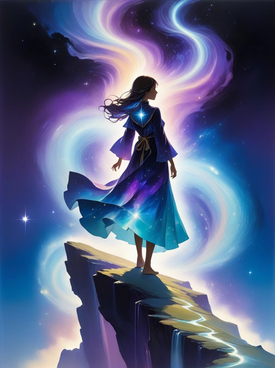 A figure stands on a cliff, enveloped in swirling streams of cosmic energy, amidst a dreamy, nebulous landscape. The silhouette of the person is wrapped in a flowing, ethereal gown that merges with the celestial currents. The sky is a tapestry of deep purples and blues, sprinkled with stars, and the landscape below is hinted at with soft, rolling mountains. The scene is one of tranquility and the sublime, capturing the majestic essence of the cosmos with a single, contemplative figure standing in awe.