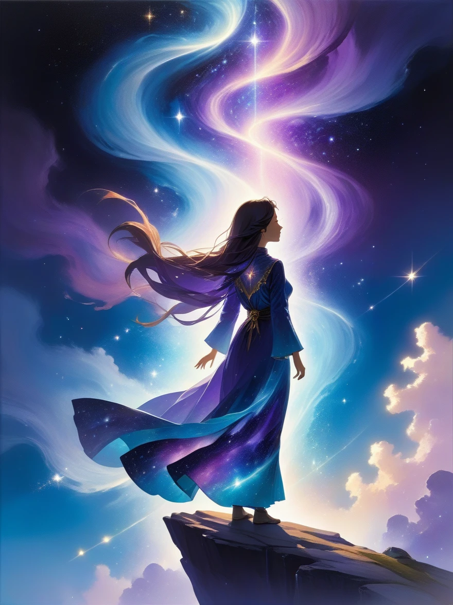 A figure stands on a cliff, enveloped in swirling streams of cosmic energy, amidst a dreamy, nebulous landscape. The silhouette of the person is wrapped in a flowing, ethereal gown that merges with the celestial currents. The sky is a tapestry of deep purples and blues, sprinkled with stars, and the landscape below is hinted at with soft, rolling mountains. The scene is one of tranquility and the sublime, capturing the majestic essence of the cosmos with a single, contemplative figure standing in awe.