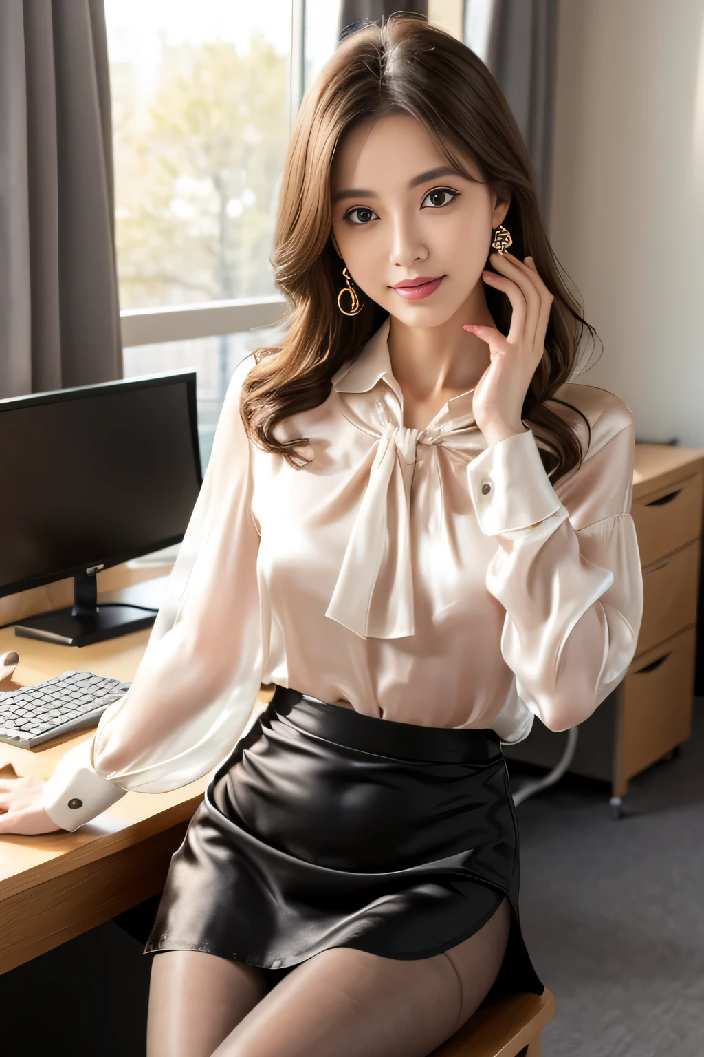 Ulchan-6500-v1.1, (Raw photo:1.2), (Photoreal), (See-through:1.3), (genuine:1.4), １with a girl、25 years old、game_nffsw, big eyes(eye), smile of shame、brown semi-long hair、curly hair、pretty girl、(Elegant silk blouse:1.3), (super realistic pantyhose:1.2), (mini skirt:1.2), sitting in the office and working at the desk、realistic skin texture、shiny skin、big earrings、thin lips