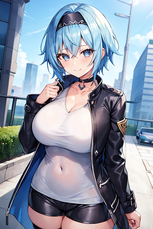 1girl, blue hair, very short hair, eula \(genshin impact\), black jacket, jacket, shirt, white shirt, black headband, headband, large breasts, breasts, thick thighs, hourglass figure, mature female, shorts, short pants, black pants, urban, smile, simple clothes, happy, light smile, tall, tall female, oversized shirt, long shirt, ((cropped jacket)), cropped jacket, belt, covered navel, tomboy