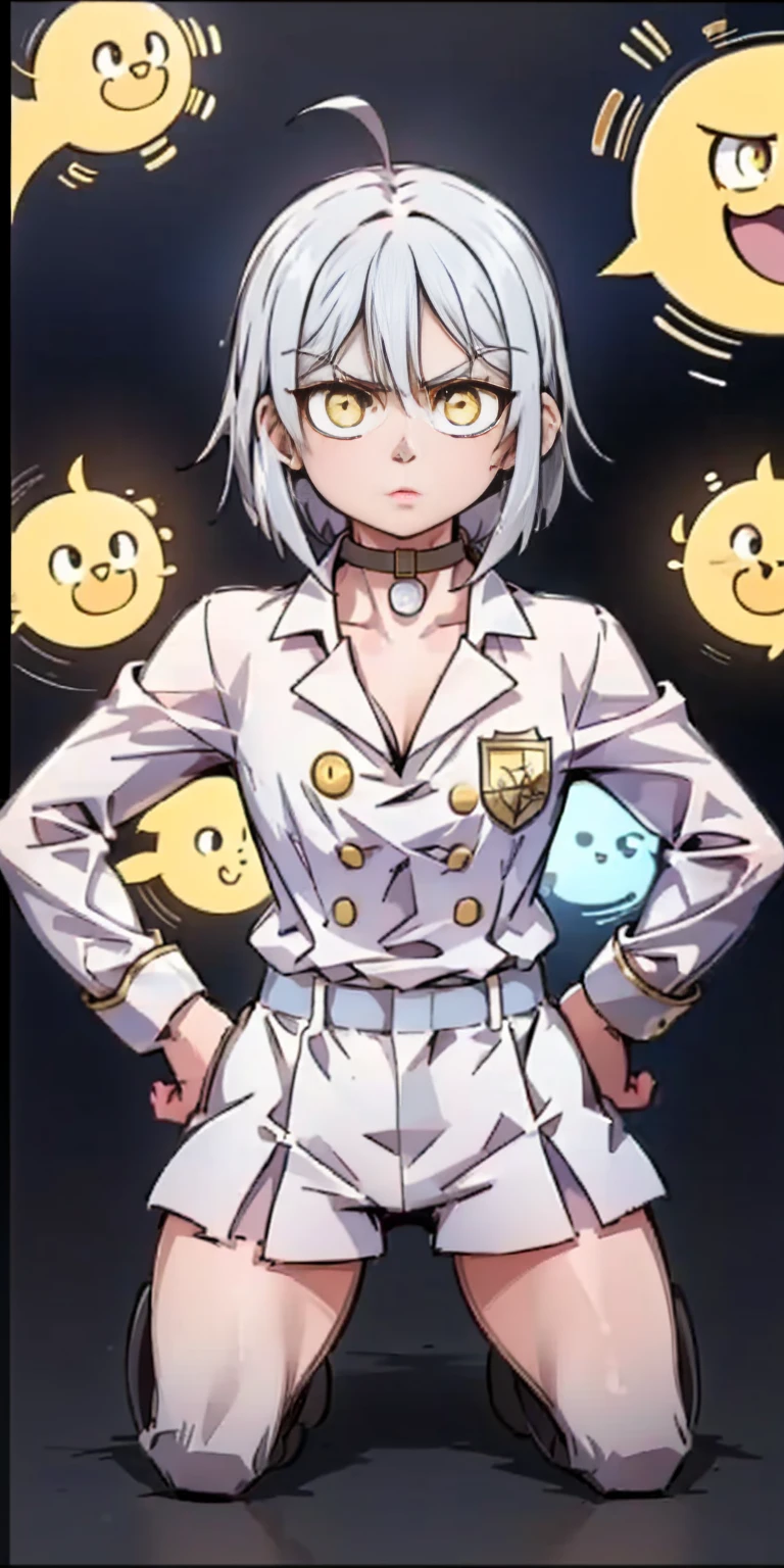 ((black background)) Ciel Lionheart kneel on WHITE sheet, short bob hair WHITE hair, YELLOW EYES, _uniform,yellow hat,red school bag, leather choker collar slave , (hands on hips, clenching fist 👊 ✊️)