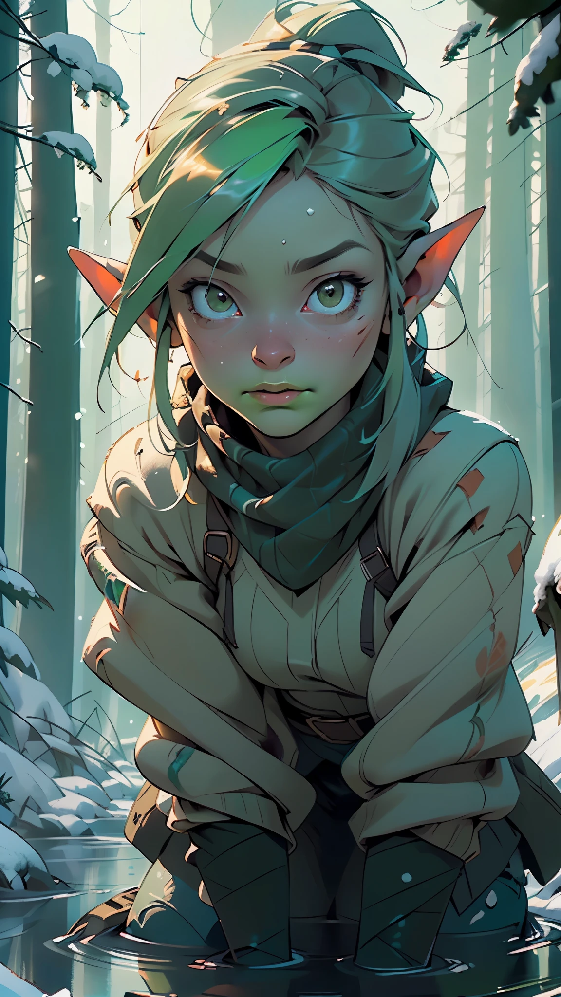 goblin, (((young green-skinned:1.3)), warmly dressed, (winter clothes, medieval clothes), goblin, The details of the goblin's warm clothes are visible, showing its worn nature,The green skin of the goblin is vibrant, emphasizing its otherworldly appearance, the goblin is young, about 20 years old, has a sharp, green, smart but slightly menacing face, (nice face, normal green nose, face of a magic adept, goblin face), The color palette is dominated by earthy tones,
(ultra-detailed:1.3), beautiful detailed glow, finely detailed,
(dynamic pose:1.0),(centered,scale to fit dimensions,Rule of thirds),
((snowy pine forest at night, dark forest, swamp, murky water, foggy, creepy aura, eerie atmosphere)),with dark stormy clouds,winter,scenery:1.25,intricate scenery,((snow forest background)),
(Glossy winter ornaments),highres,sharp focus,(ultra detailed,extremely detailed),(photorealistic artwork:1.37),(extremely detailed CG unity 8k wallpaper),(((vibrant colors,vibrant theme))),(intricate),(masterpiece),(best quality),artistic photography,(photography taken by sldr),(intricate background),perfect rendered face,perfect face details,realistic face,photo realistic,((intricate detail)),(((realism))),