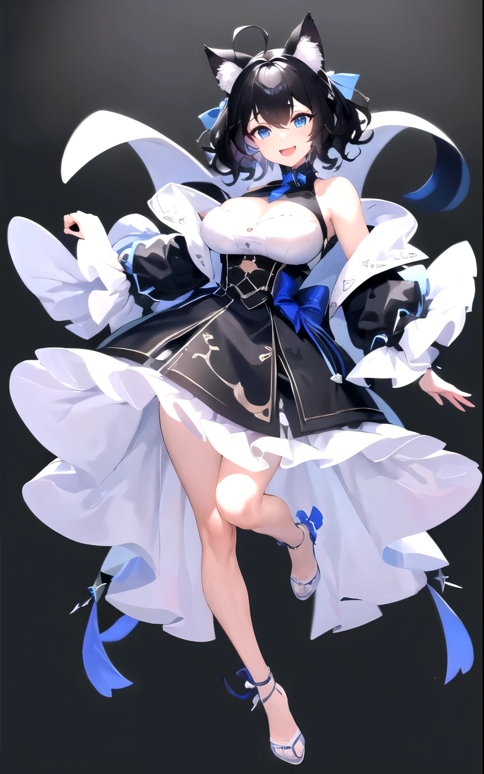 ,((upright)), ((arm at side)), looking at the viewer, simple background、white background, 1 girl, open your mouth, smile, Virtual YouTuber、with a girl、((highest quality, expensive_solve, clear_image)),(black hair), (black cat ears), (Ahoge), (ridiculously short hair), (wavy hair), (blue eyes),、laughter、very big breasts、whole body、Draw to the toes、I put shoes on my feet、Clothes that show cleavage、Reference sheet、((show viewer))。
