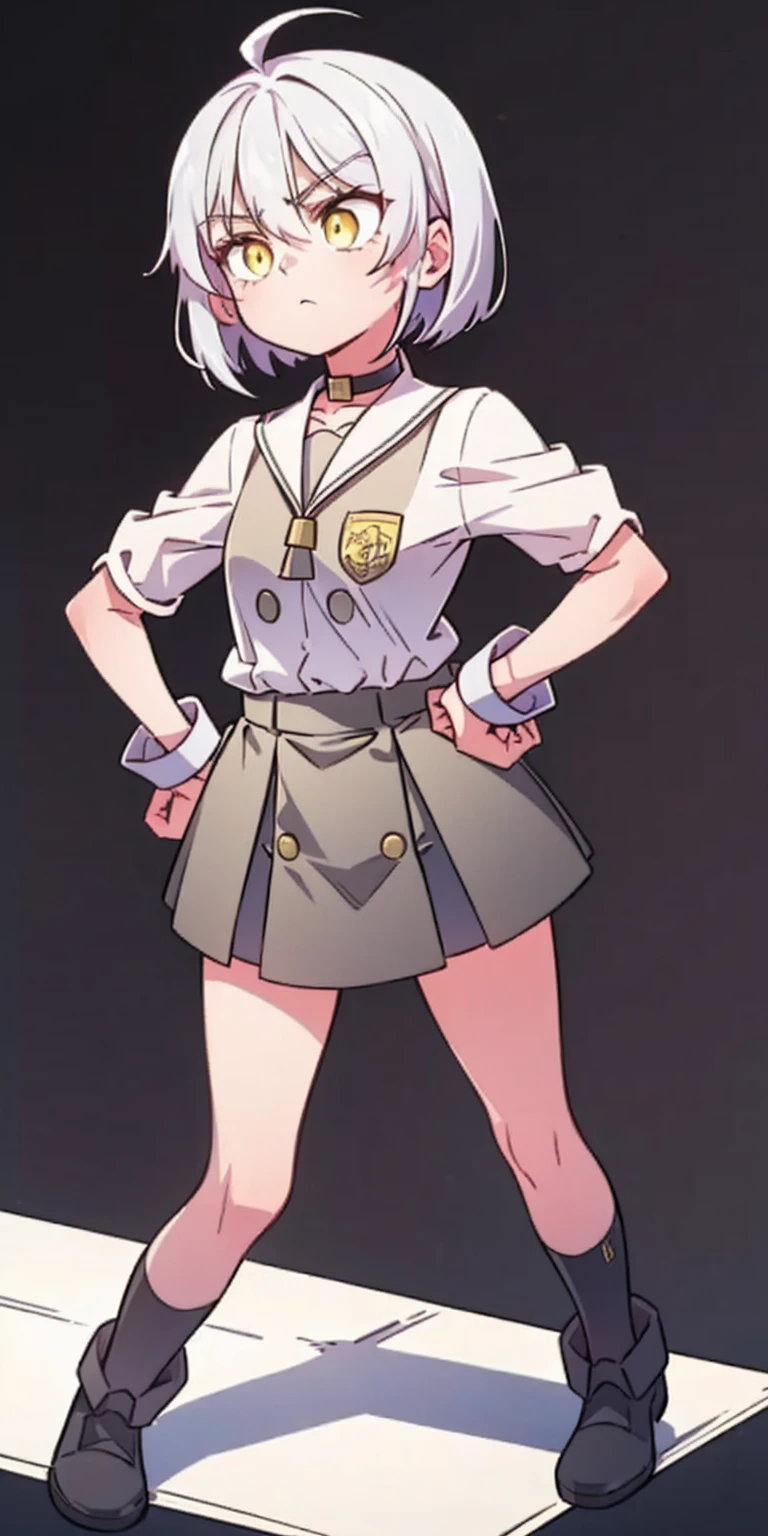((black background)) Ciel Lionheart kneel on WHITE sheet, short bob hair WHITE hair, YELLOW EYES, kindergarten_uniform,yellow hat,red school bag, leather choker collar slave , (hands on hips, clenching fist 👊 ✊️)