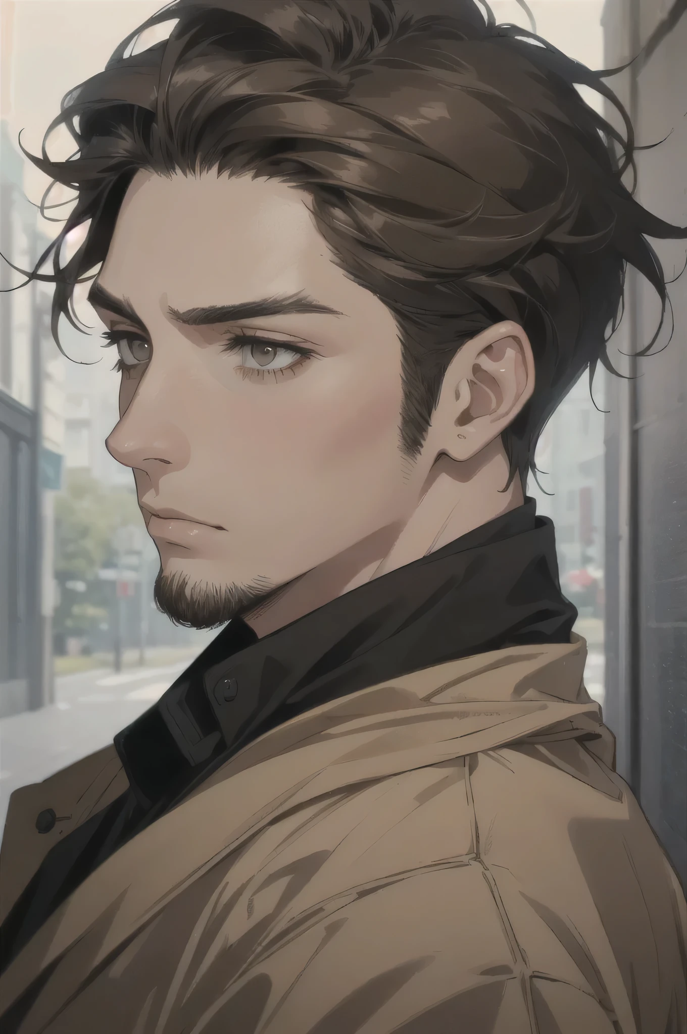 midjourney, ((best quality)), ((masterpiece)), (detailed), perfect face, 1male, handsome male, mature, age of 30 years. old, ((brown brushed back hair, short hair to the back)), ((dark eyes)), depth of field, tired expression, sad face vivid colors. facial hair, mature.
