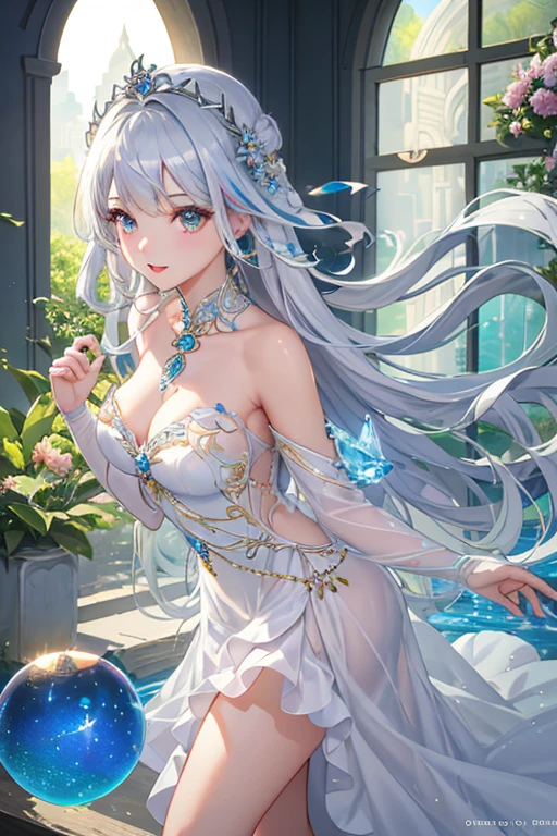 (highest quality)、best quality、Realistic modeling、vivid、front center、(Inside a colorful glass ball、dazzling sun Strongly luminous)、Beautiful girl behind、(silver hair、jade eyes、white fluffy dress、Wrapping up)art style,Dark Universe