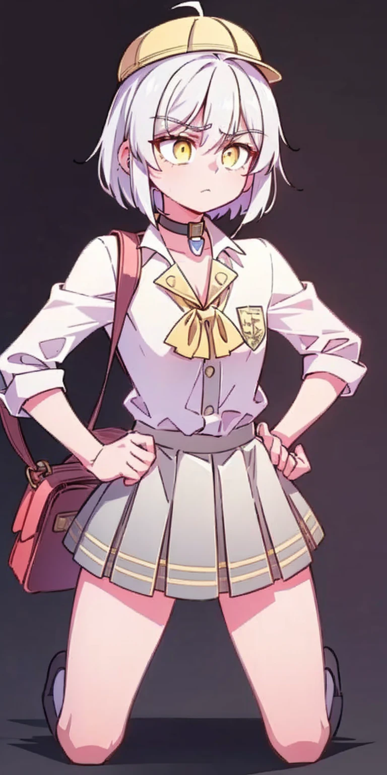 ((black background)) Ciel Lionheart kneel on WHITE sheet, short bob hair WHITE hair, YELLOW EYES, kindergarten_uniform,yellow hat,red school bag, leather choker collar slave , (hands on hips, clenching fist 👊 ✊️)