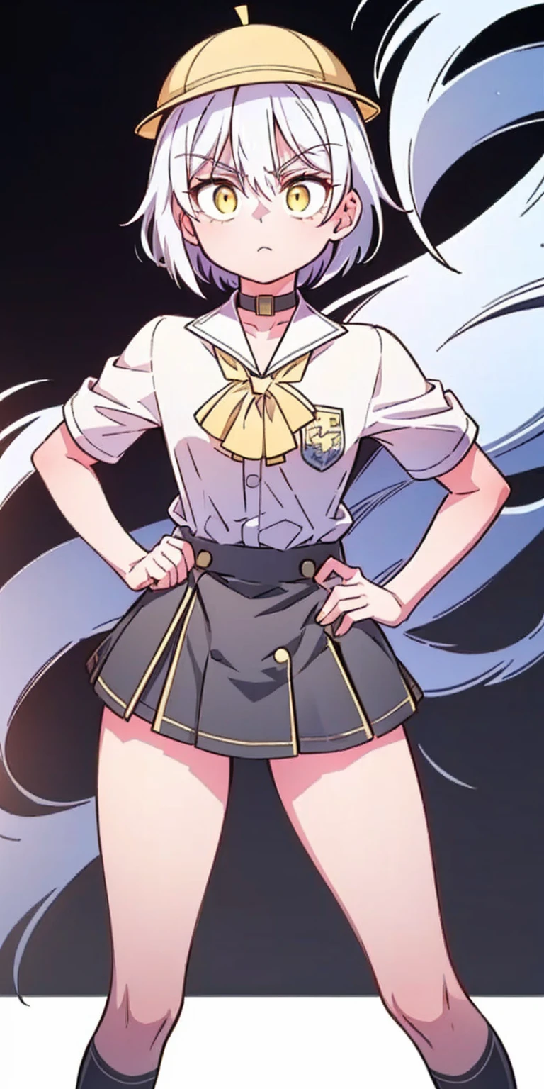 ((black background)) Ciel Lionheart kneel on WHITE sheet, short bob hair WHITE hair, YELLOW EYES, kindergarten_uniform,yellow hat,red school bag, leather choker collar slave , (hands on hips, clenching fist 👊 ✊️)
