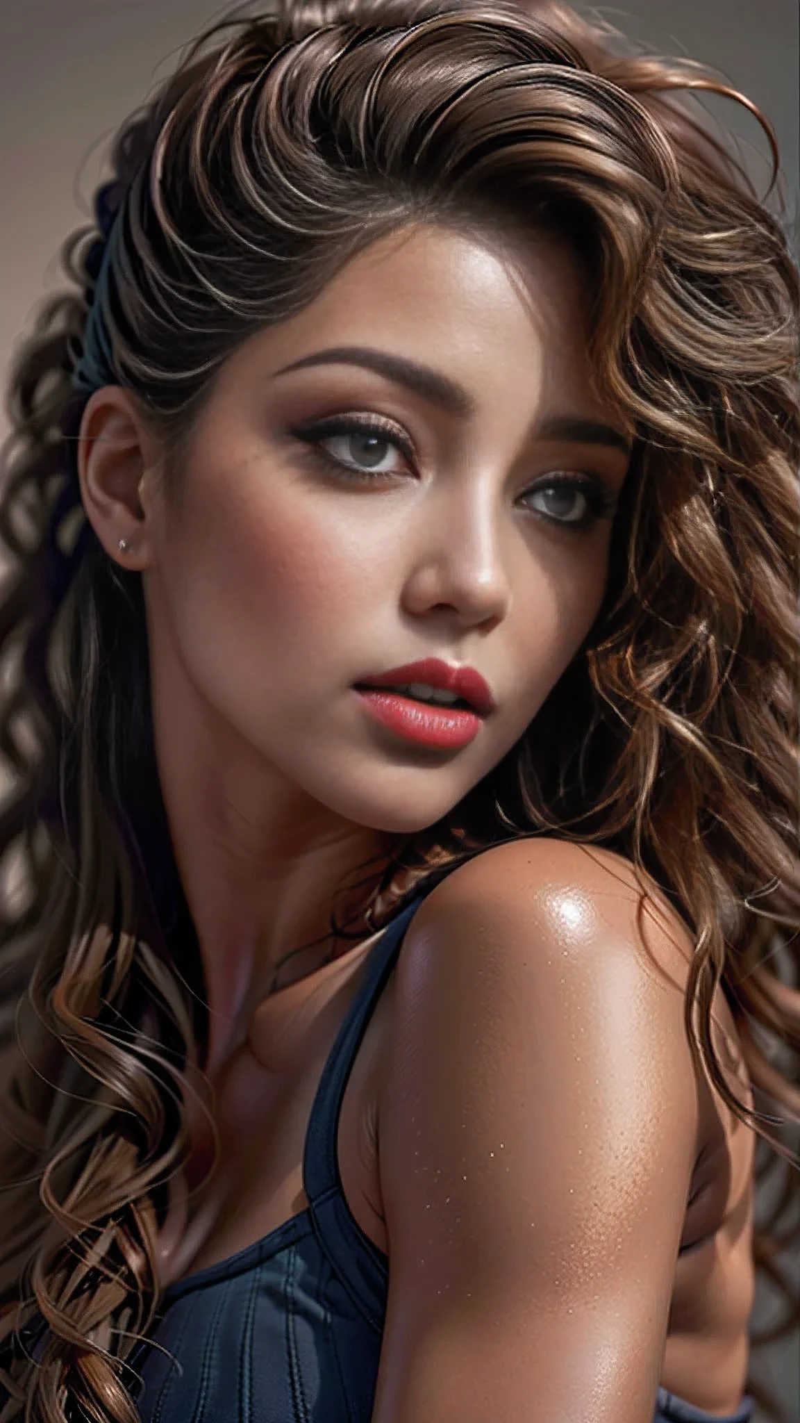 Divide Ratio : 1,1,1 Base Ratio: (((portrait))),perfect dynamic composition:1.2,beauty(mixed girl)(madison ivy:0.5)(jessica alba:0.3)(Ariana Grande:0.3) in (Intricately detailed portrait of a((22-year-old))),((photorealistic)),((Hyper realistic)),((sharp focus)),((highest resolution)),(the most absurd quality),(masterpiece),((natural, soft lighting during the day)),fashion supermodel,((best high quality real texture skin)),(Highly quality texture hair),((curly hair(((slicked to the two side)))Intricately detailed:1.44)),(perfect proportions),(anatomically correct),((perfect female body)),((firm normal breasts:1.4)),slim face,beautiful cheekbones,(Super beautiful face),(realistic face),(highly detailed face),absurd(ultra detailed eyes),(tired and sleepy and satisfied:0.0),((close up of a woman's eye with a digital rendering)),(realistic eyes),perfect round eyes,finely detailed pupils,(brown_eyes:1.4),BREAK,detailed lips:1.3,pink_makeup:1.3,long_blue_eyeliner:1.1,(red_lipstick:1.25),perfect dark_eyeshadows:1.35,((there a close up of a woman's face)), with professional makeup,(Detailed nose),small head,full bodyesbian,dark shot:1.2,((Intricately detailed sports crop top:1.3)),look at the viewer,((city),walking),On the street,((upper body shot:1.3)),Hasselblad, 50mm f/2.2