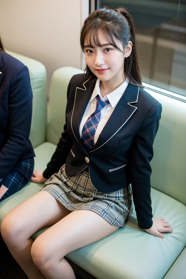 (8K), (highest quality: 1.2), (realistic), (realistic: 1.37), ultra high resolution, 1 girl, cute, smile, closed mouth, beautiful details, beautiful nose, wet hair, giant dulcefo, pork, thighs，Self snap,University Student Uniform,Sitting on a Tokyo train,simple blazer,pleated skirt,(The pattern of the skirt and tie is a tartan check pattern..:1.3),cross your legs, From above,thighs