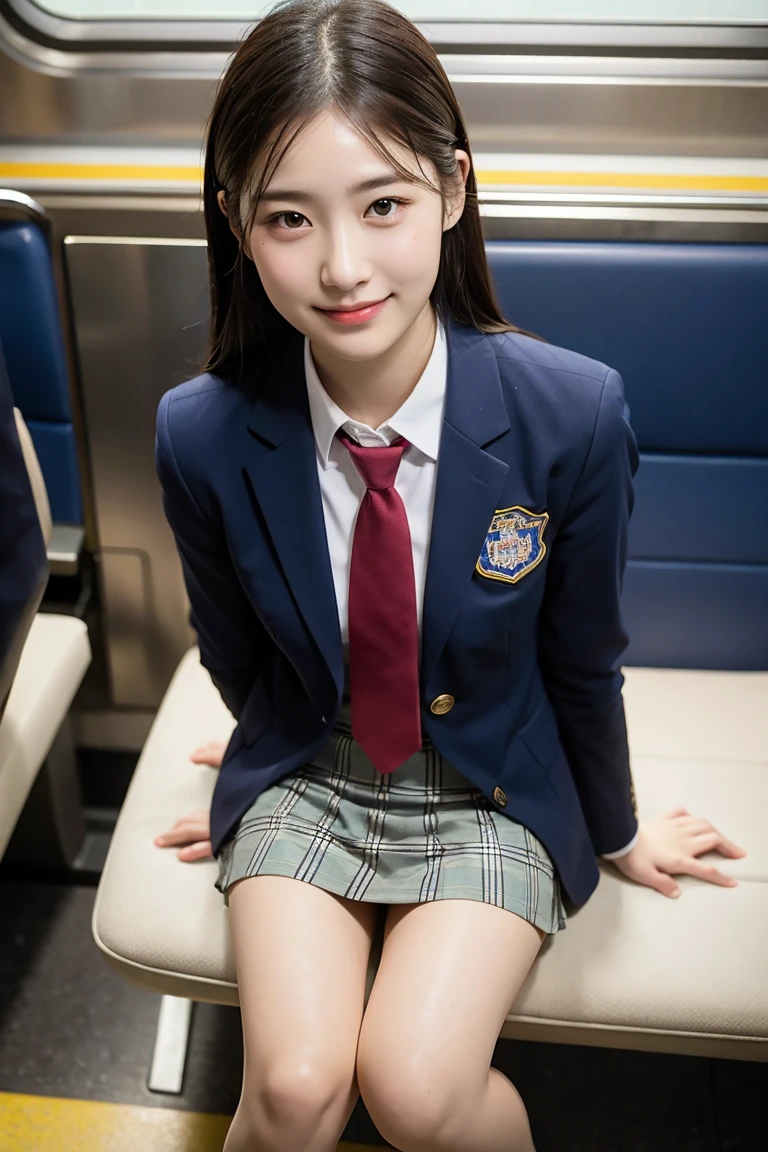(8K), (highest quality: 1.2), (realistic), (realistic: 1.37), ultra high resolution, 1 girl, cute, smile, closed mouth, beautiful details, beautiful nose, wet hair, giant dulcefo, pork, thighs,Self snap,University Student Uniform,Sitting on a Tokyo train,simple blazer,pleated skirt,(The pattern of the skirt and tie is a tartan check pattern..:1.3),cross your legs, From above,thighs