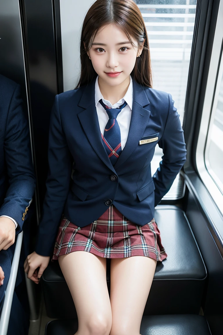 (8K), (highest quality: 1.2), (realistic), (realistic: 1.37), ultra high resolution, 1 girl, cute, smile, closed mouth, beautiful details, beautiful nose, wet hair, giant dulcefo, pork, thighs,Self snap,University Student Uniform,Sitting on a Tokyo train,simple blazer,pleated skirt,(The pattern of the skirt and tie is a tartan check pattern..:1.3),cross your legs, From above,thighs