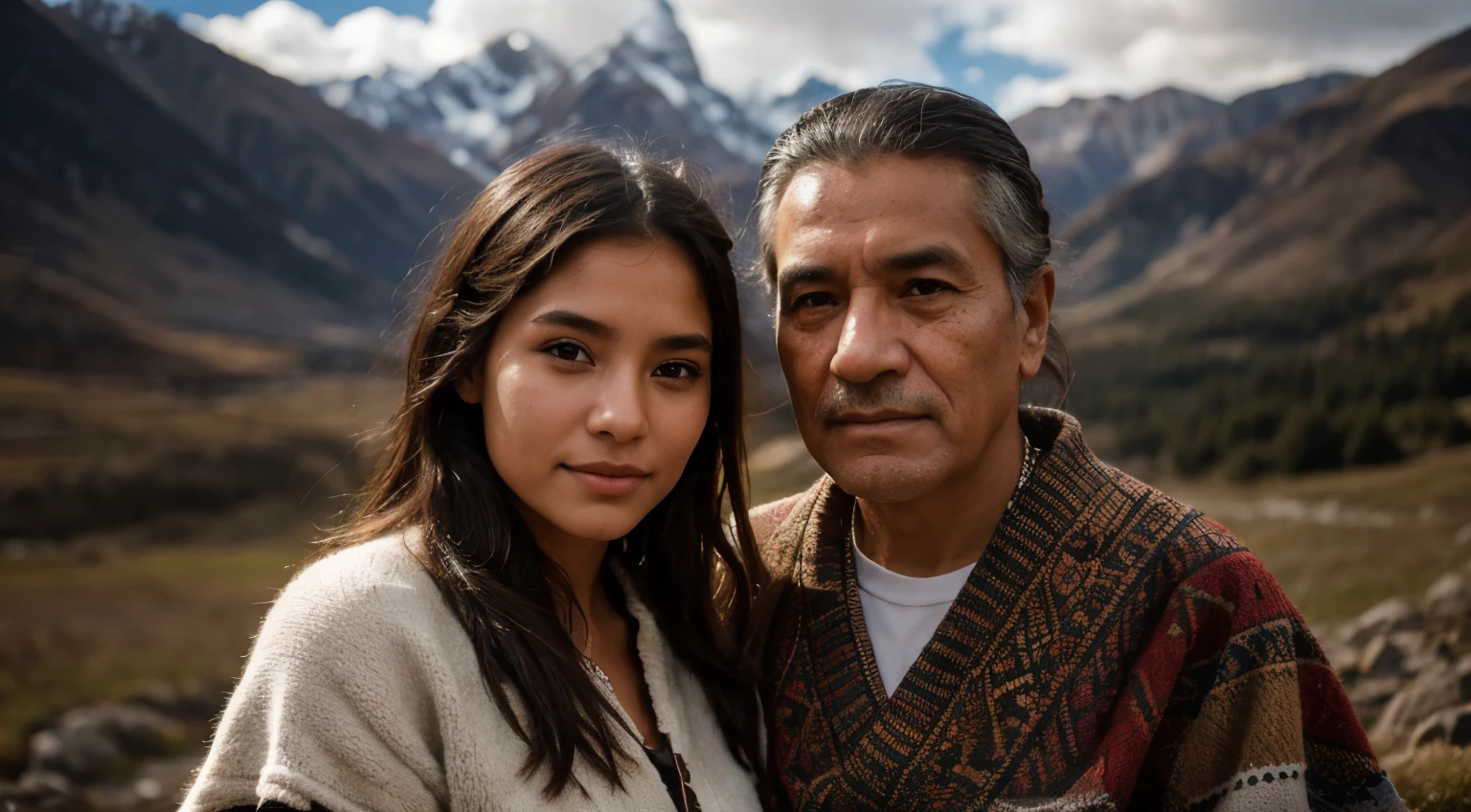 (a young girl, accompanied by an elderly indigenous man from the Peruvian Andes), alpaca poncho, Andean chullo, beautiful detailed eyes, beautiful detailed lips, traditional clothing, joyful expression, rugged mountain landscape, vibrant colors, soft natural lighting, oil painting style, ultra-detailed brushwork, high contrast, vivid colors, realistic, sharp focus, professional, masterpiece:1.2, 4k resolution, bokeh.