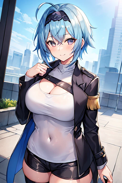 1girl, blue hair, very short hair, eula \(genshin impact\), black jacket, jacket, shirt, white shirt, black headband, headband, large breasts, breasts, thick thighs, hourglass figure, mature female, shorts, short pants, black pants, urban, smile, simple clothes, happy, light smile, tall, tall female, oversized shirt, long shirt, ((cropped jacket)), cropped jacket, belt, covered navel, tomboy