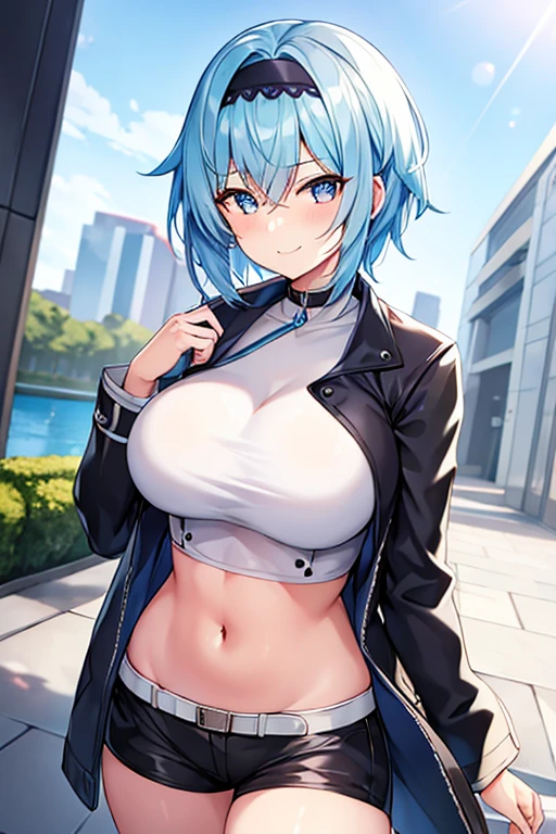 1girl, blue hair, very short hair, eula \(genshin impact\), black jacket, jacket, shirt, white shirt, black headband, headband, large breasts, breasts, thick thighs, hourglass figure, mature female, shorts, short pants, black pants, urban, smile, simple clothes, happy, light smile, tall, tall female, oversized shirt, long shirt, ((cropped jacket)), cropped jacket, belt, covered navel, tomboy