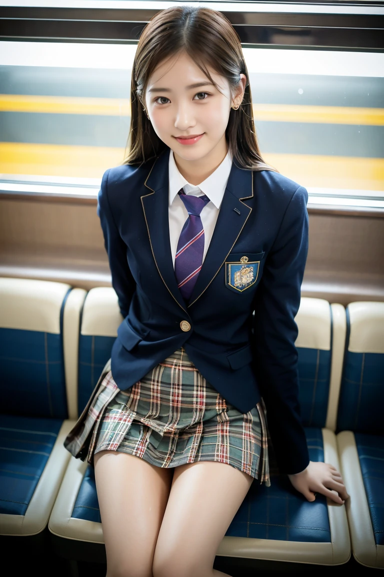 (8K), (highest quality: 1.2), (realistic), (realistic: 1.37), ultra high resolution, 1 girl, cute, smile, closed mouth, beautiful details, beautiful nose, wet hair, giant dulcefo, pork, thighs，Self snap,University Student Uniform,Sitting on a Tokyo train,simple blazer,pleated skirt,(The pattern of the skirt and tie is a tartan check pattern..:1.3),cross your legs, From above,thighs