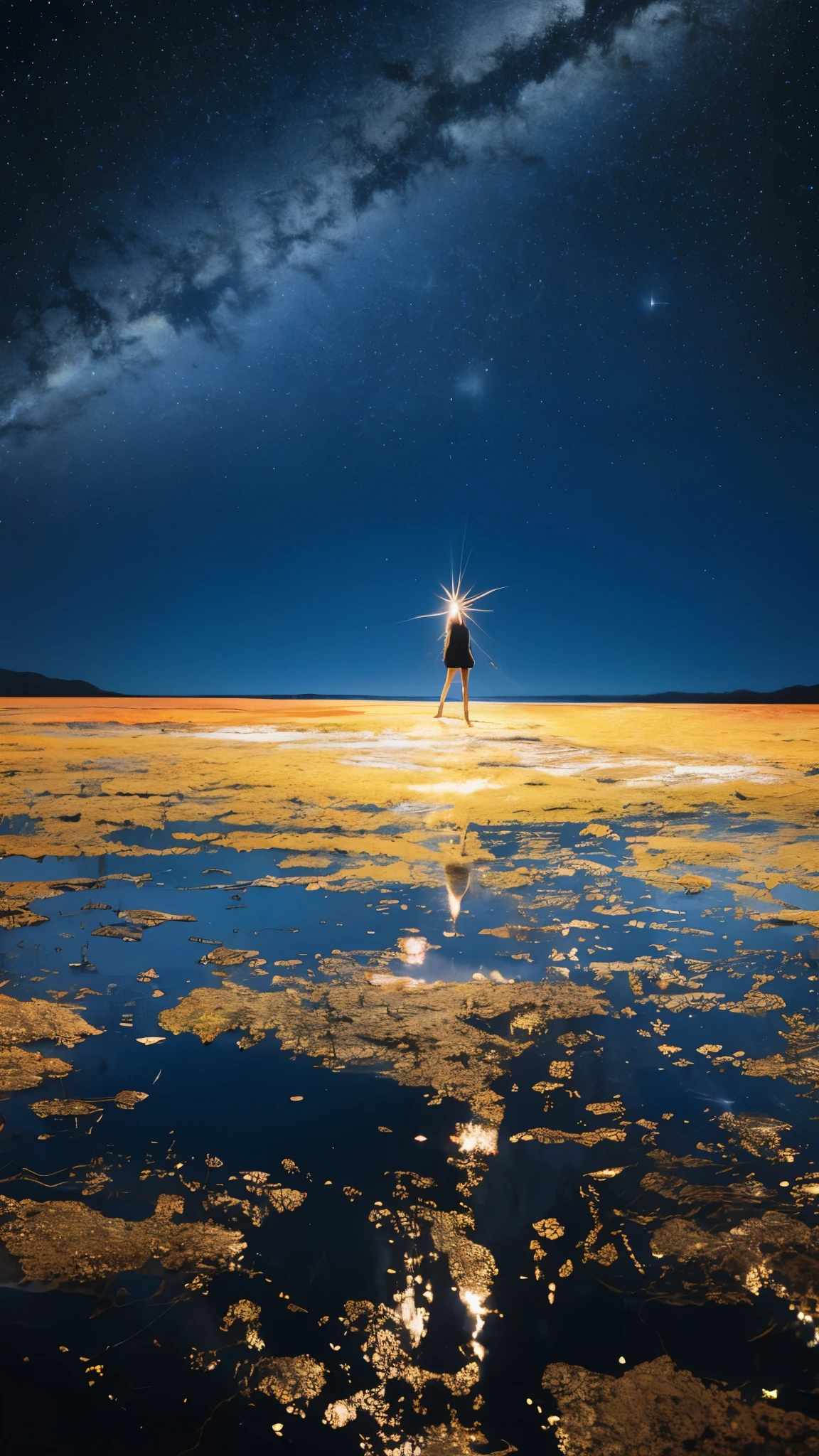 Linoleum cut of a teenager standing on reflective water under the stars，meteor，Energetic，Colorful，texture，pattern