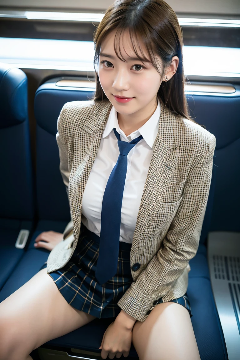 (8K), (highest quality: 1.2), (realistic), (realistic: 1.37), ultra high resolution, 1 girl, cute, smile, closed mouth, beautiful details, beautiful nose, wet hair, giant dulcefo, pork, thighs,Self snap,University Student Uniform,Sitting on a Tokyo train,simple blazer,pleated skirt,(The pattern of the skirt and tie is a tartan check pattern..:1.3),cross your legs, From above,thighs