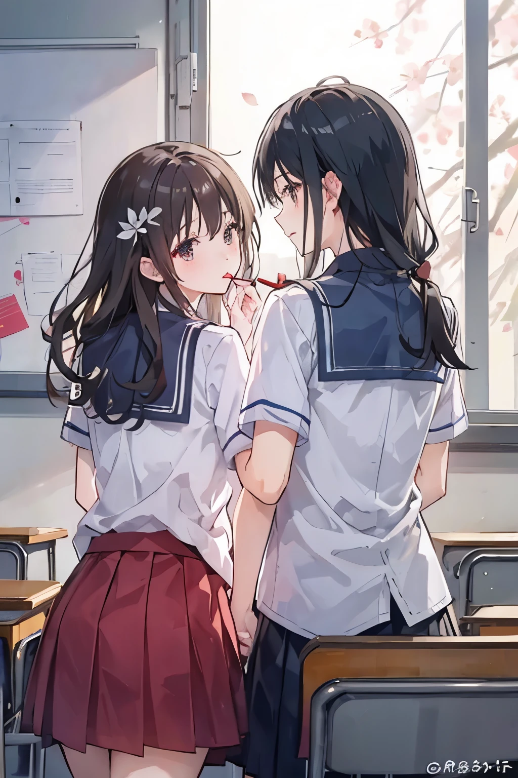 Male and female、Couple gazing out the window with her boyfriend、back view、
I have chocolates for Valentine's Day in my hand.、
School、classroom、Just the two of us、uniform(Middle school students)