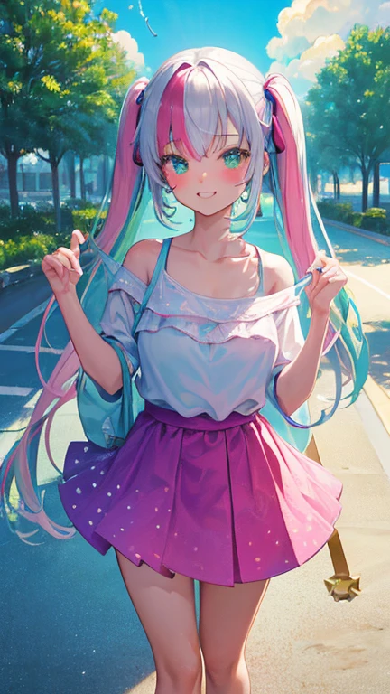 (rainbow colored hair, colorful hair, half silver、half pink hair: 1.2), ,long hair、************、(Cinematic digital artwork: 1.3), high quality, table top, Turquoise eyes、最high qualityの, Super detailed, figure, [4K digital art]!!、 Kyoto animation style, one woman, clavicleの美しさ, clavicle, light, want, , positive, Dead leaves dance、（Ocean、sandy beach）、full moon、On a tree-lined street、taking a walk、((green、trendy clothes))、（（Scarlet、Polka dot unset, motivation, shine, dynamic perspective、Blue glasses、green色リボン、twin tails、embarrassed face、cute face、happy face