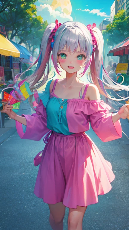 (rainbow colored hair, colorful hair, half silver、half pink hair: 1.2), ,long hair、************、(Cinematic digital artwork: 1.3), high quality, table top, Turquoise eyes、最high qualityの, Super detailed, figure, [4K digital art]!!、 Kyoto animation style, one woman, clavicleの美しさ, clavicle, light, want, , positive, Dead leaves dance、（Ocean、sandy beach）、full moon、On a tree-lined street、taking a walk、((green、trendy clothes))、（（Scarlet、Polka dot unset, motivation, shine, dynamic perspective、Blue glasses、green色リボン、twin tails、embarrassed face、cute face、happy face