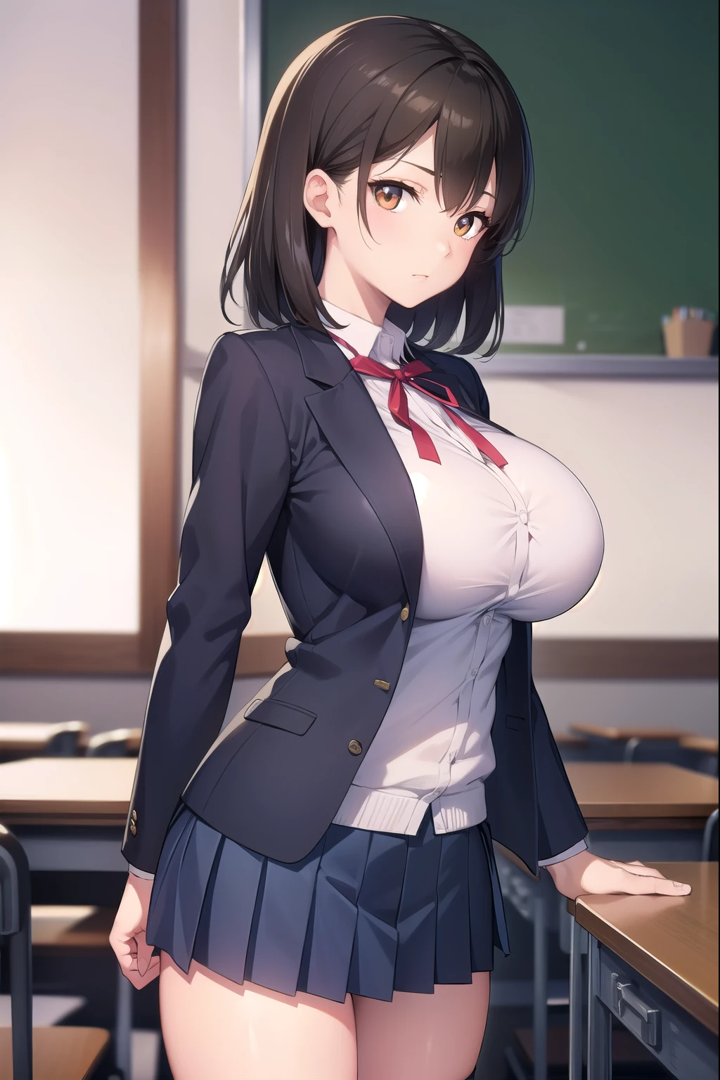 black hair, (brown eyes:1.5),  (shot hair:1.6),
BREAK blazer, blue skirt, jacket, otonokizaka , pleated skirt, , winter uniform, (short skirt:1.6), (micro skirt:1.6), (big breasts:1.6), (slender:1.4), (thong:1.6), 
BREAK looking at viewer,
BREAK indoors, classroom, 
BREAK (masterpiece:1.2), best quality, high resolution, unity 8k wallpaper, (illustration:0.8), (beautiful detailed eyes:1.6), extremely detailed face, perfect lighting, extremely detailed CG, (perfect hands, perfect anatomy),