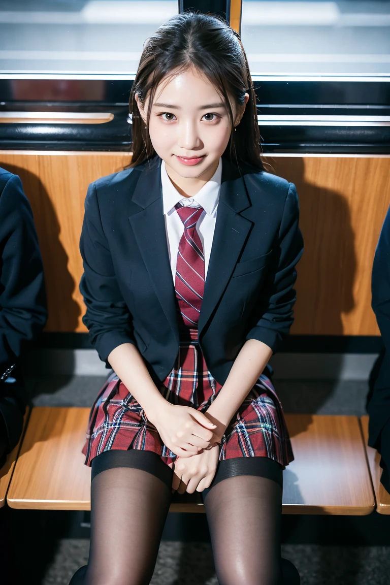 (8K), (highest quality: 1.2), (realistic), (realistic: 1.37), ultra high resolution, 1 girl, cute, smile, closed mouth, beautiful details, beautiful nose, wet hair, giant dulcefo, pork, thighs,Self snap,University Student Uniform,Sitting on a Tokyo train,simple blazer,pleated skirt,(The pattern of the skirt and tie is a tartan check pattern..:1.3),cross your legs, From above,thighs,tights