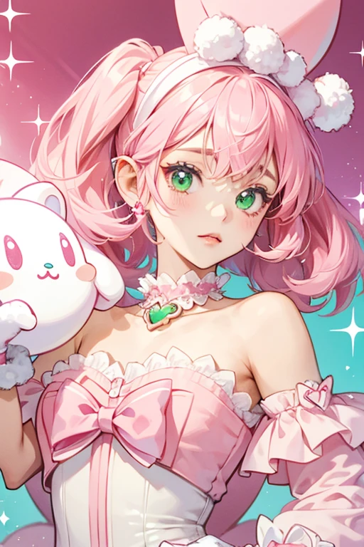 Her appearance is based off of My Melody, a Sanrio character. She has white fur with a pink eared headband, short green hair, and the insides of her ears are pink. She also appears to be wearing long pink gloves SPARKLE; GLITTER