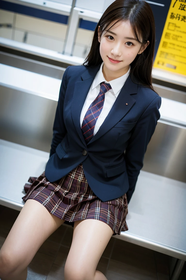 (8K), (highest quality: 1.2), (realistic), (realistic: 1.37), ultra high resolution, 1 girl, cute, smile, closed mouth, beautiful details, beautiful nose, wet hair, giant dulcefo, pork, thighs，Self snap,University Student Uniform,Sitting on a Tokyo train,simple blazer,pleated skirt,(The pattern of the skirt and tie is a tartan check pattern..:1.3),cross your legs, From above,thighs