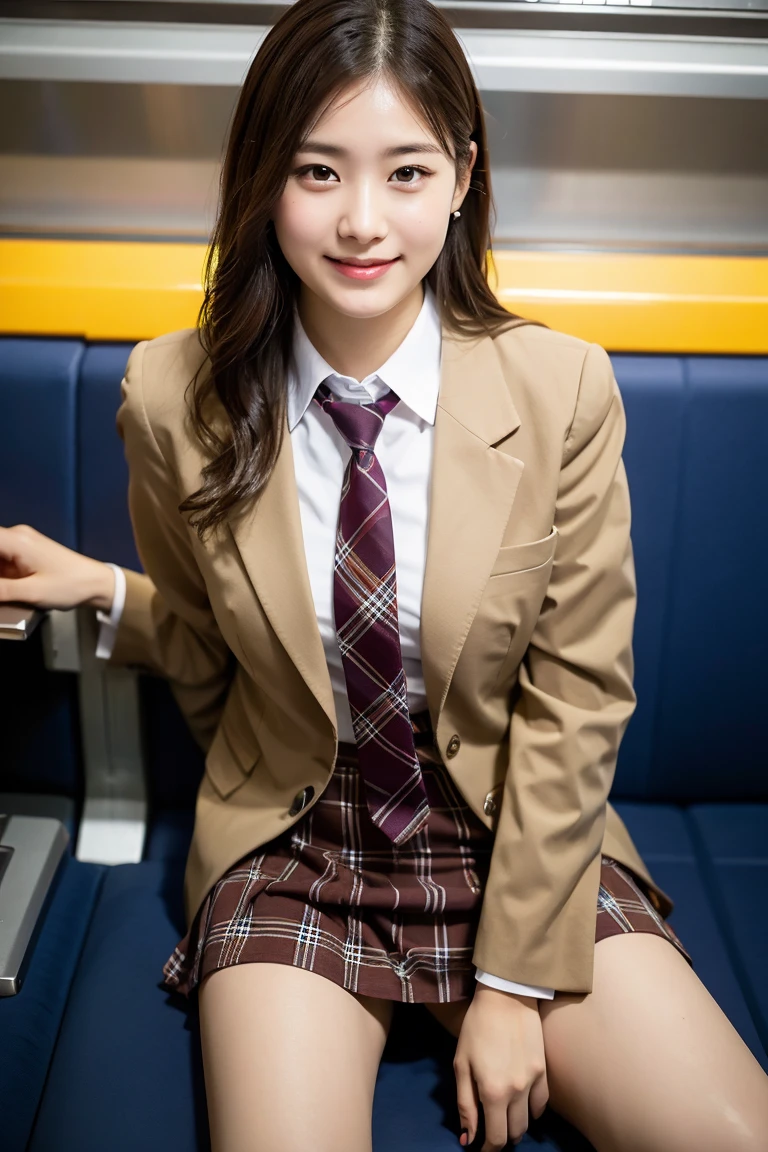 (8K), (highest quality: 1.2), (realistic), (realistic: 1.37), ultra high resolution, 1 girl, cute, smile, closed mouth, beautiful details, beautiful nose, wet hair, giant dulcefo, pork, thighs，Self snap,University Student Uniform,Sitting on a Tokyo train,simple blazer,pleated skirt,(The pattern of the skirt and tie is a tartan check pattern..:1.3),cross your legs, From above,thighs