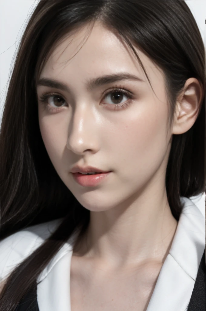 masterpiece,best quality,high resolution,8K,(portrait),((Head close-up)),real picture,digital photography,(Sci-fi style female family),20 year old girl,Random hairstyle,through bangs,(random color eyes),(hair color random),plump breasts,split,Elegant and noble,Serious and indifferent,open white coat,Black bandeau bra,Rich details,shut your mouth,intricate ornaments,Cyberpunk futuristic style,(female scholar),White background,oc render reflection texture