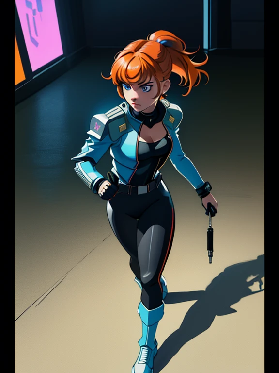 1girl, Sexy Experienced Cyberpunk Agent, ((32year old, dressed in a tight blue futuristic bodysuit, cleavage, utility belt, boots, medium breasts, short orange hair, light skin, natural makeup, athletic body:1.3, detailed blue eyes:1.5, looking fiercely at the viewer:1.3, holding two pistols with both hands:1.2)) heroic pose, full-length, full body, fight scene, full-length, super face detail, Very detailed, 8k, dark tone, dark shadow, glow in the dark, game color correction, (HDR, UHD, best quality, masterpiece: 1.5), high detailed, digital painting, trending on artstation, HD quality