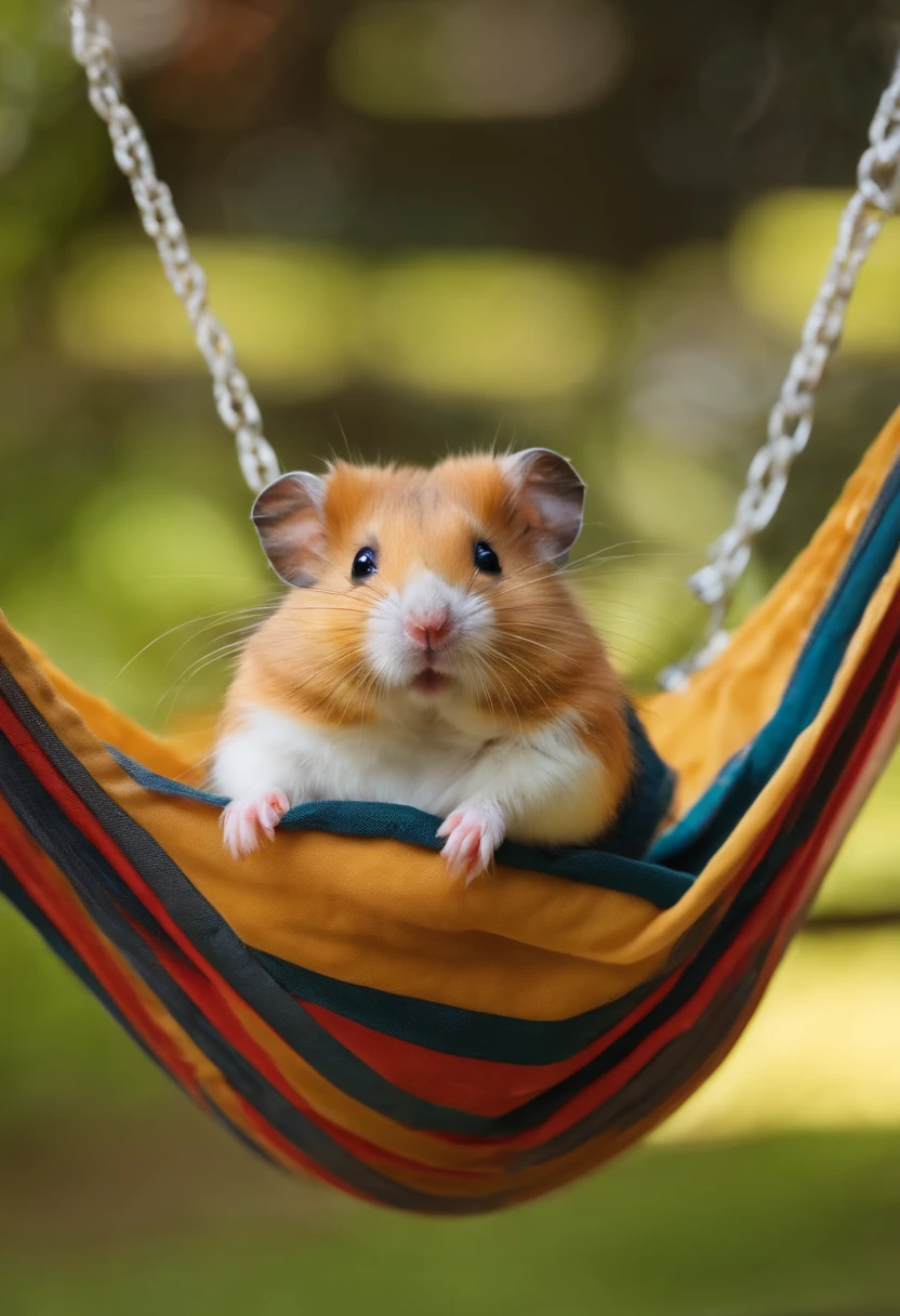 Hamster wearing sunglasses lying in a hammock