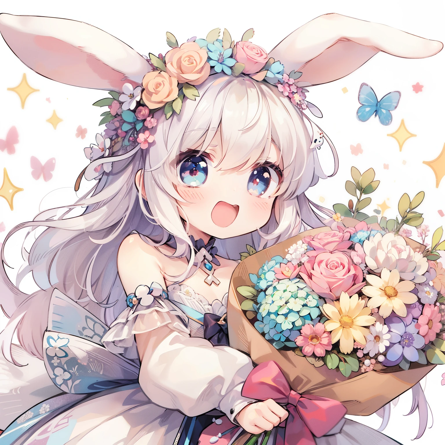 anime girl with bunny ears holding a bouquet of flowers, pixiv contest winner, bunny girl, kawacy, cute art style, cute anime, cute detailed artwork, kawaii realistic portrait, cute anime girl, sakimichan, cute detailed digital art, trending on artstation pixiv, with bunny ears, official artwork, clean detailed anime art, detailed anime art