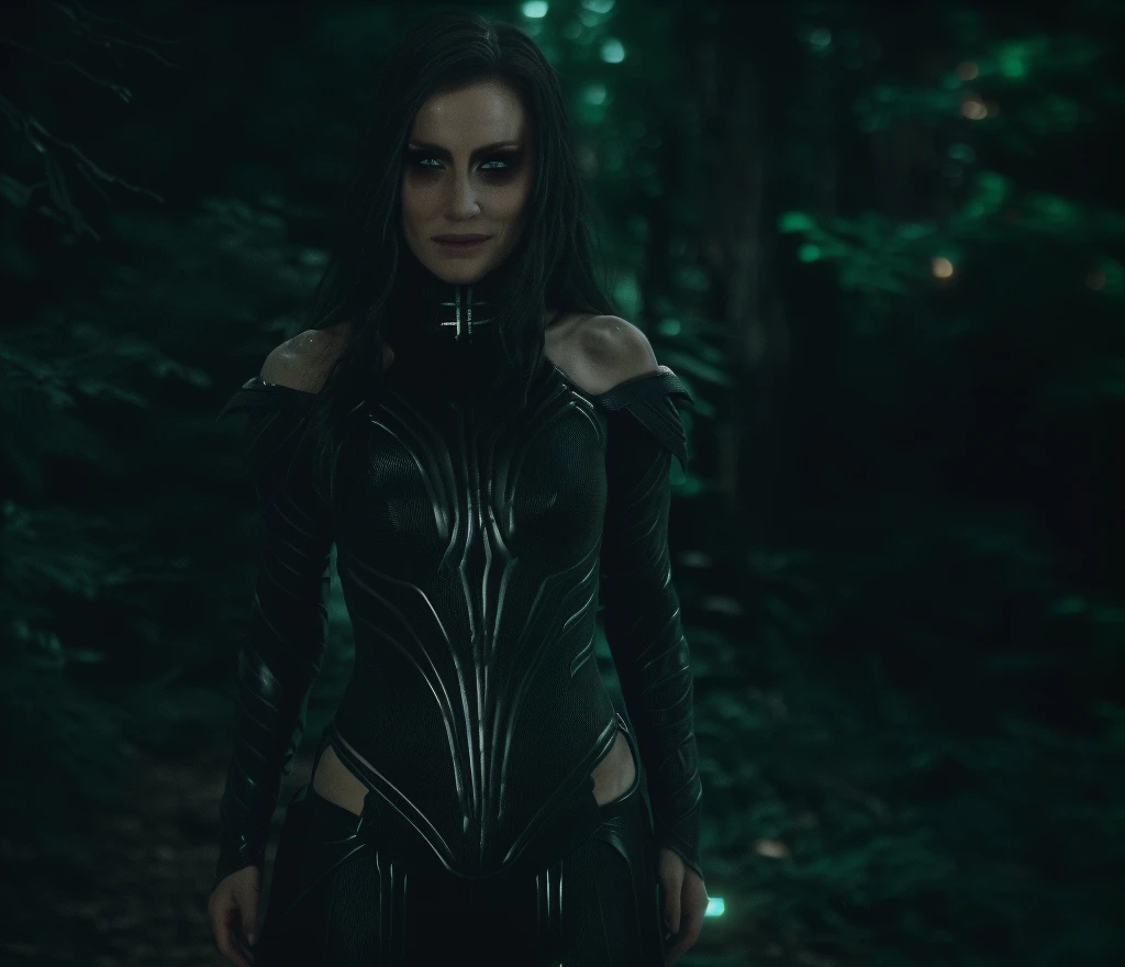 Best_QualityPos, RAW photo, intricate details, best quality, 8k uhd, soft lighting, 1girl, solo, black hair, long hair, armor, bare shoulders, Blue eyes, forest