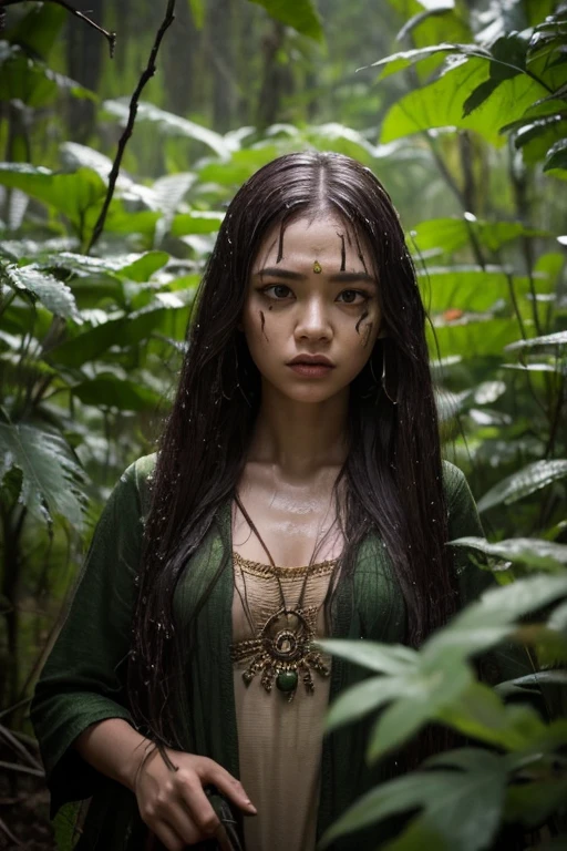 height,Take a full wide-angle shot,dark light,swampy forest,beautiful female victim,fierce natives,Awesome atmosphere.,ethnic jewelry,Helpless victims,bright colors,Creepy scene,greenery greenery,Detailed facial features,Fierce eyes,Long, flowing hair,face painted green,The fear in her eyes,tribal mark,Close to change,suspense,abandoned doll,Awesome numbers.,Awesome expression.,lonely,mesmerizing beauty,Wet and muddy environment,distant nature sounds,Surreal atmosphere,An unforgiving wilderness,tension in the air,growing vines,invisible danger,การต่อสู้อันlonely,Stuck in a nightmare,withered tree,A piercing scream,Escape potential,Desperation in her movements,Proportion like a toy,Premonition of fate,An ominous ritual