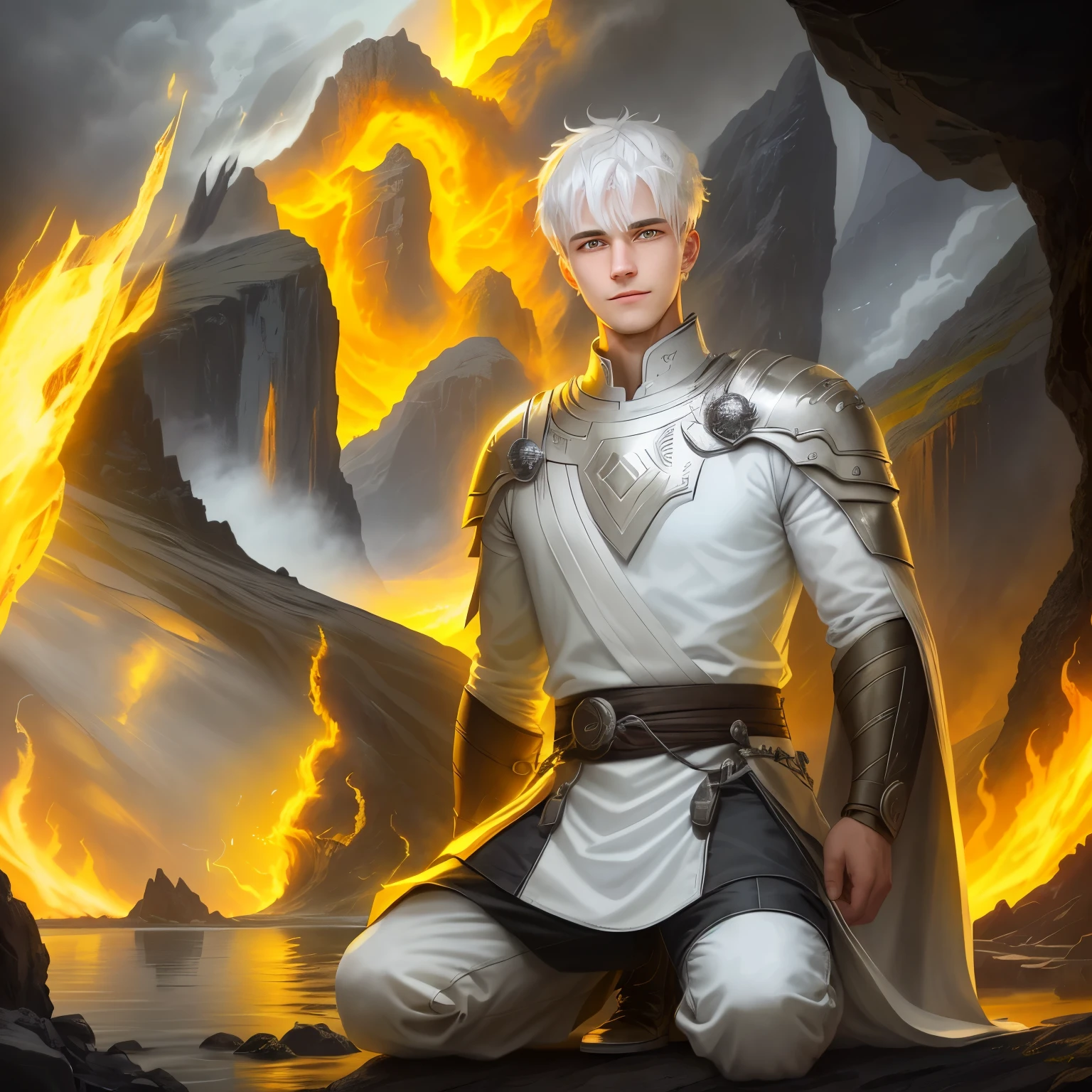 Photo of a guy with white hair and yellow eyes, High detail, Clarity, 8 cc, young guy, 18 years, light gray hair, short haircut, Yellow eyes, grin, fire crown, lava is everywhere, A huge cave, guy kneeling near the lake, realism, fantasy,