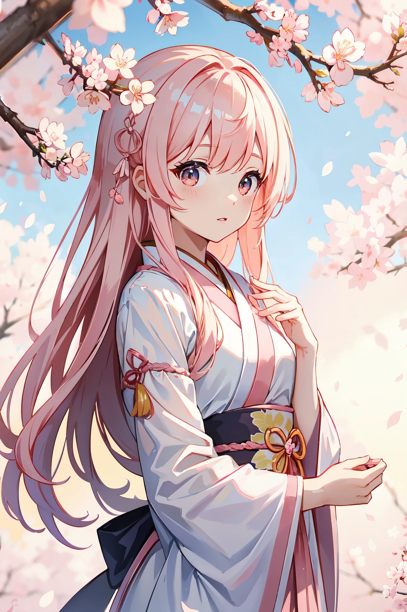 peach blossom pink straight hair，Wearing pale pink Hanfu，Holding a cherry blossom branch，in the background, Cherry blossoms are scattered along the beautiful row of cherry blossom trees.，She is gentle, cute, slender and cute girl